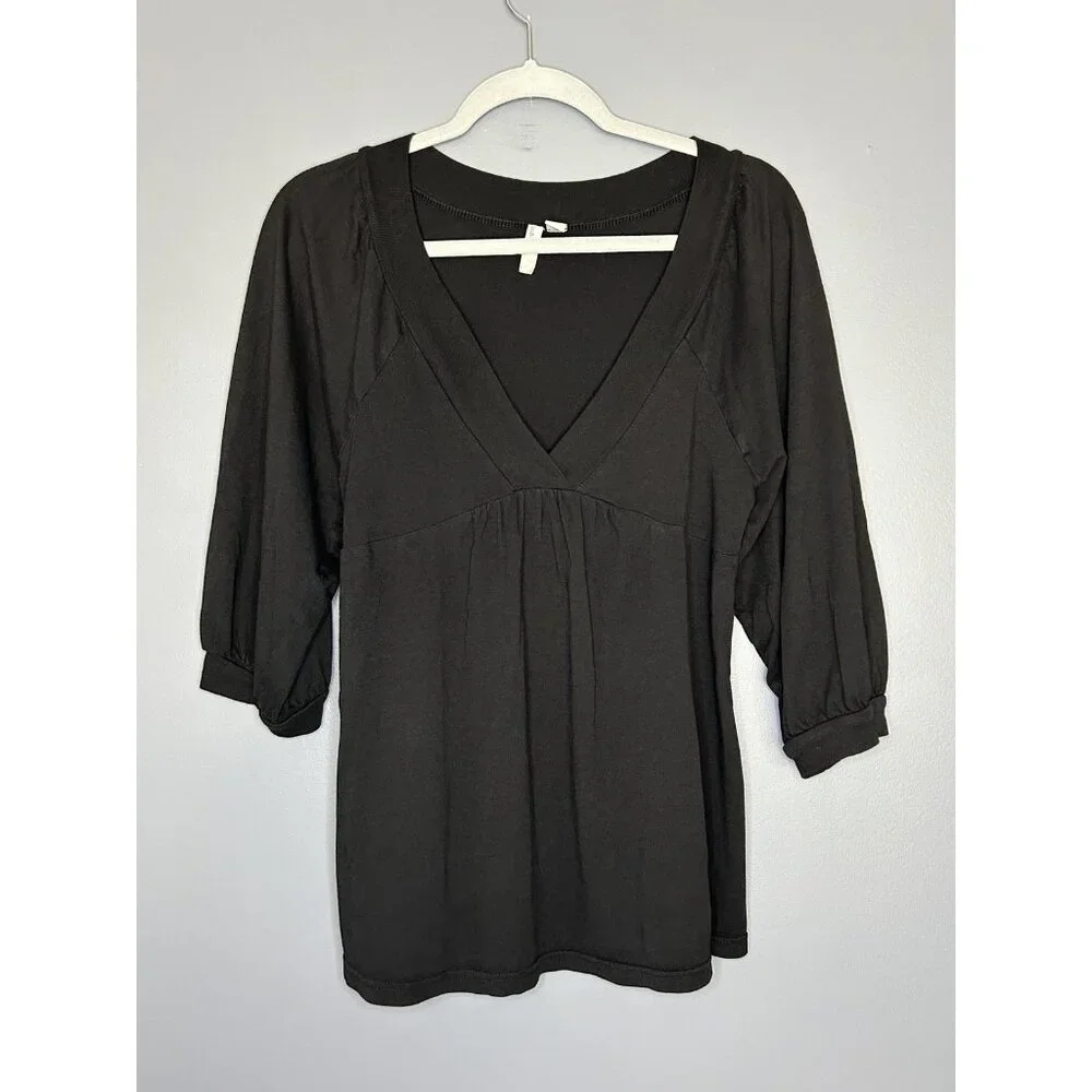 Old Navy Y2K Babydoll Top Womens M Black 3/4 Puff Sleeve V Neck Empire Waist
